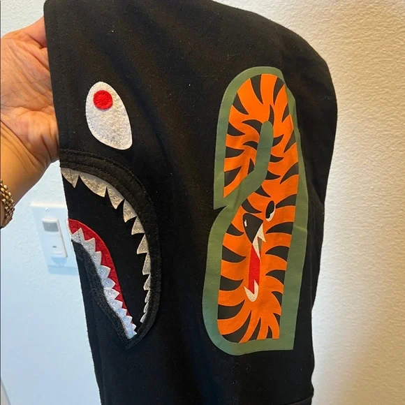 Bape Black Shark-Print Crewneck Hoodie with Multicolor Accents